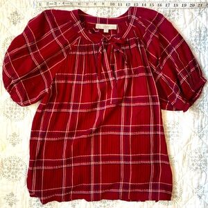 LOFT Medium Red Plaid Puff Sleeve Tie Front Top